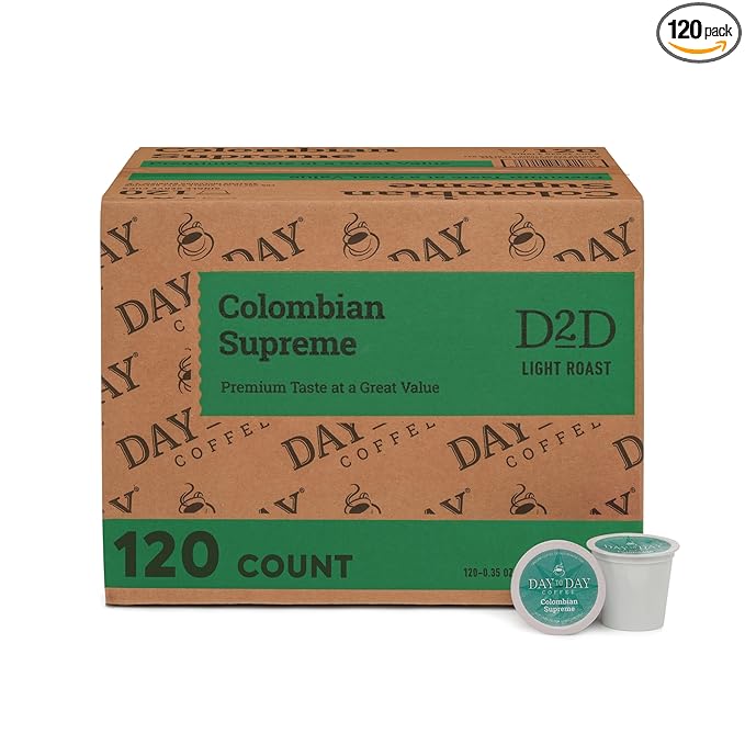 Day To Day Coffee Colombian Supreme Medium Roast Coffee Pods 120 Count Compatible with Keurig K-Cup Brewers Timeless Colombian Coffee