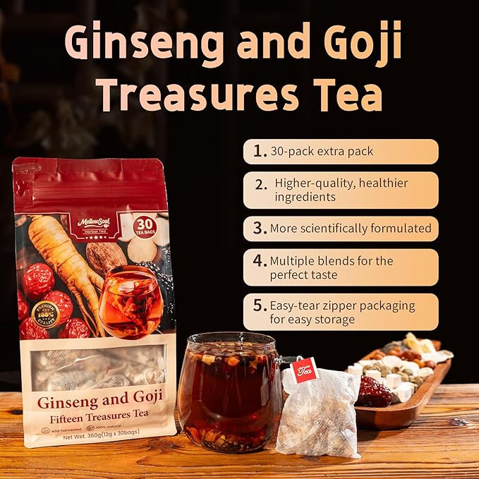 Kidney Tea Formula Ginseng Fifteen Treasure Tea - Natural Traditional Chinese Herbal TeaDetox &amp Cleanse Liver Support &amp Energy Boost Tea Bags For Men WomenFifteen precious Chinese herbal fo