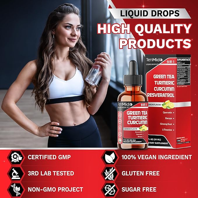 Green Tea Extract Liquid Drops - 9in1 with Turmeric Curcumin Resveratrol Quercetin Bacopa Panax Ginseng L-Theanine Pomegranate and Black Pepper - 30ml 1 Fl Oz
