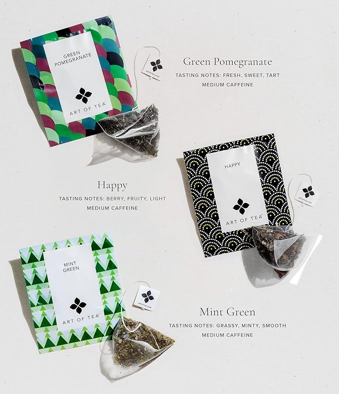 Art of Tea | Assorted Tea Sampler | 12 Count Sampler Box | Breakfast Tea Earl Grey Creme Egyptian Chamomile (Non-Caffeinated) French Lemon Ginger (Non-Caffeinated) Green Pomegranate Mint Green T