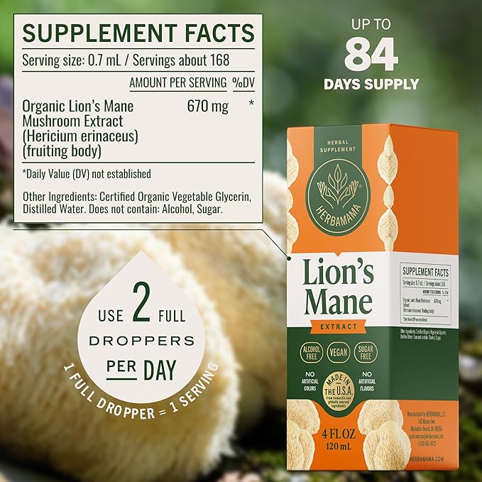 HERBAMAMA Lions Mane Tincture - Vegan Focus &amp Nerve Support with Lion's Mane Mushroom Extract - Hericium Erinaceus Brain Support Supplement - Non-GMO Alcohol &amp Sugar-Free - 84-Day Supply