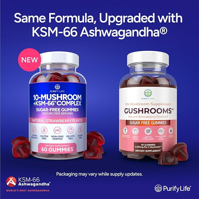 Sugar-Free Mushroom Gummies with KSM 66 Ashwagandha - Potent 10x Mushroom Supplement with Lions Mane Chaga Reishi Mushroom Complex Natural Stress Support Calm Gummies Nootropic Supplement