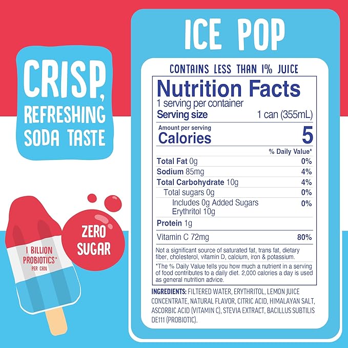 Cove Probiotic Soda Zero Sugar Better-For-You Alternative - Refreshing Delicious Probiotic Drink No Synthetic Colors &amp Caffeine Free - Ice Pop 12 Pack