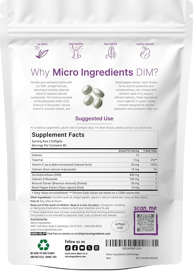 Micro Ingredients DIM+ Supplement 400mg for Men &amp Women | 240 Softgels with Pumpkin Seed Oil | Highly Bioavailable 7-in-1 Complex with Vitamin E CDG Broccoli &amp Black Pepper Extract