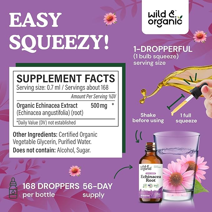 Wild &amp Organic Echinacea Drops - Immune Support Supplement with Echinacea Angustifolia - Liquid Root Extract Tincture - Vegan Sugar &amp Alcohol-Free - 4 fl oz