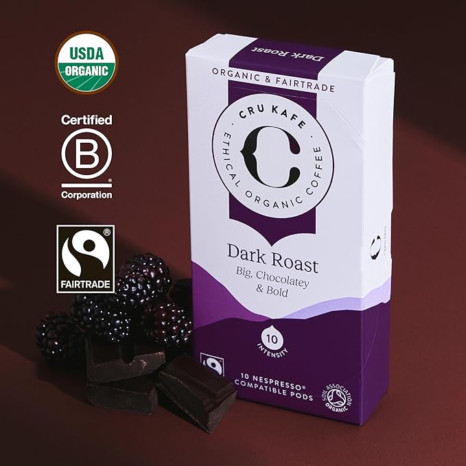 Cru Kafe Dark Roast USDA Organic Espresso Coffee Capsules (100 Pods) Fairtrade Coffee Pods Compatible with Nespresso Original Line and Pixie Machines