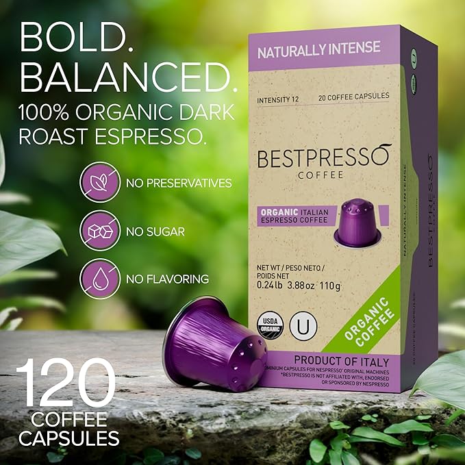 Organic USDA Bestpresso Coffee Aluminum Espresso Pods For Nespresso Original Machine 120 Pack (Naturally Intense)