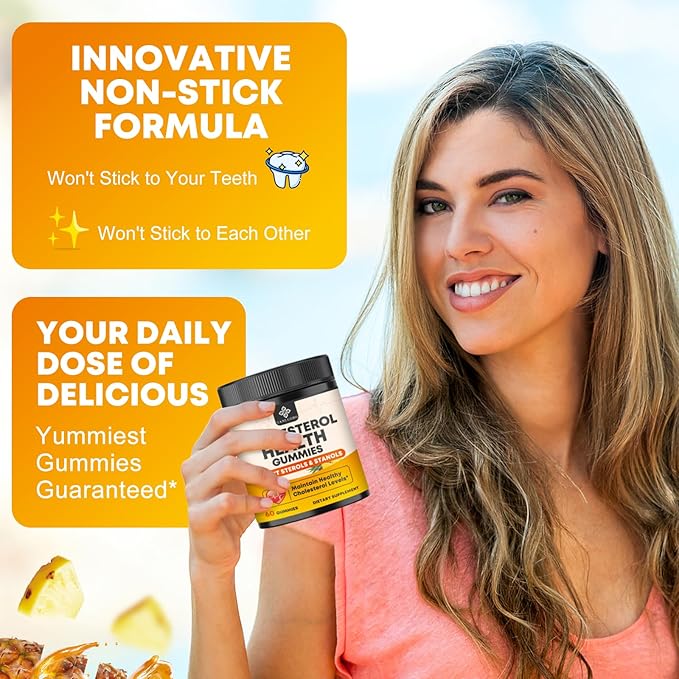 Cholesterol Supplements with 1200mg Plant Sterols &amp Stanols Guggul Bergamot Red Yeast Rice Cholesterol Complex Gummies Support Healthy Cholesterol Levels Pineapple Flavor 60 Counts