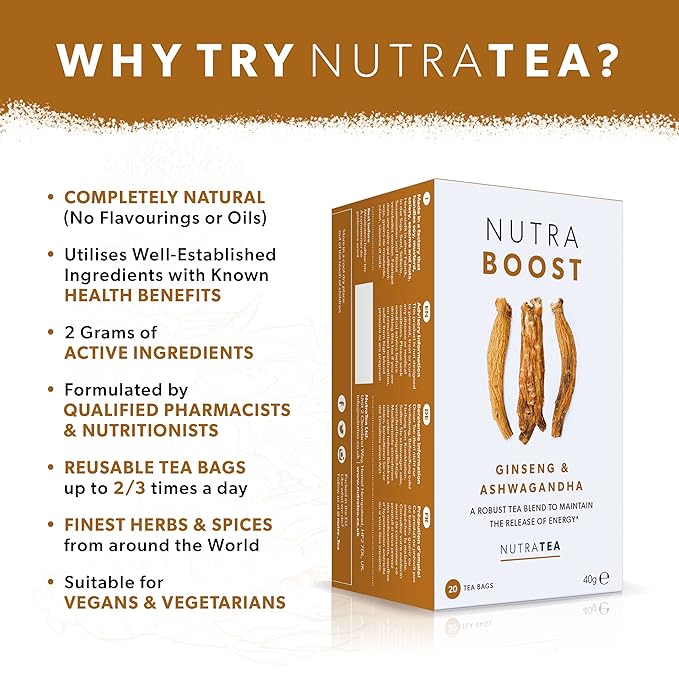 NUTRABOOST - Energy Tea | Focus Tea – Includes Astragalus Ashwagandha &amp Gotu Kola - Naturally Caffeine-Free and Sugar-Free - 60 Enveloped Tea Bags - by Nutra Tea - Herbal Tea - (3 Pack)