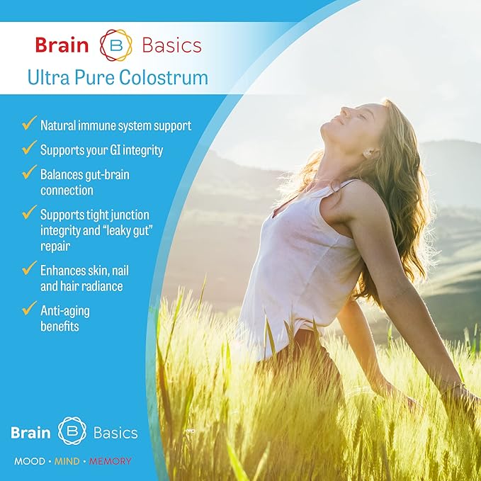 Brain Basics Ultra-Pure Colostrum 4000mg per Serving Min 25% IgG antibodies Gut-Brain-Immune Health Glowing Hair and Skin. Colostrum Powder from Grass-Fed Cows. 120 Grams - 30 Servings
