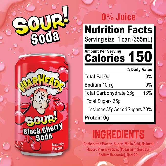 Sour Fruity Soda with Classic Warheads Flavors – Perfectly Balanced Sweet and Sour Soda - Warheads Candy Throwback Treat Soda Cocktail Mixer Pack of 12 12oz Cans (Variety Pack)