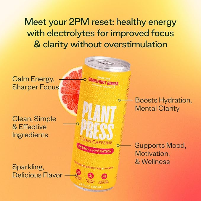 Plant Press - Organic Energy Drink 100 mg Caffeine Clean Coffee Alternative Full Range of Vitamins Electrolytes No Sugar Alcohols No Preservatives - Grapefruit Ginger (12 Fl Oz 12 Pk)