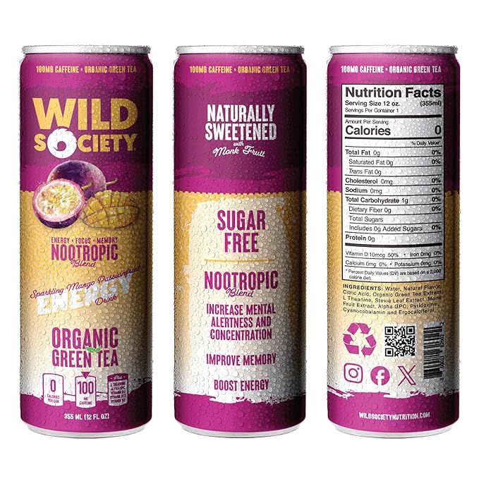 Wild Society Natural Energy Drink + Nootropics (12 pack) - 100mg Organic Caffeine from Green Tea - Zero Sugar &amp Zero Calories - Monk Fruit Sweetened - Clean Ingredients - Fuel Mind - Mango Passion