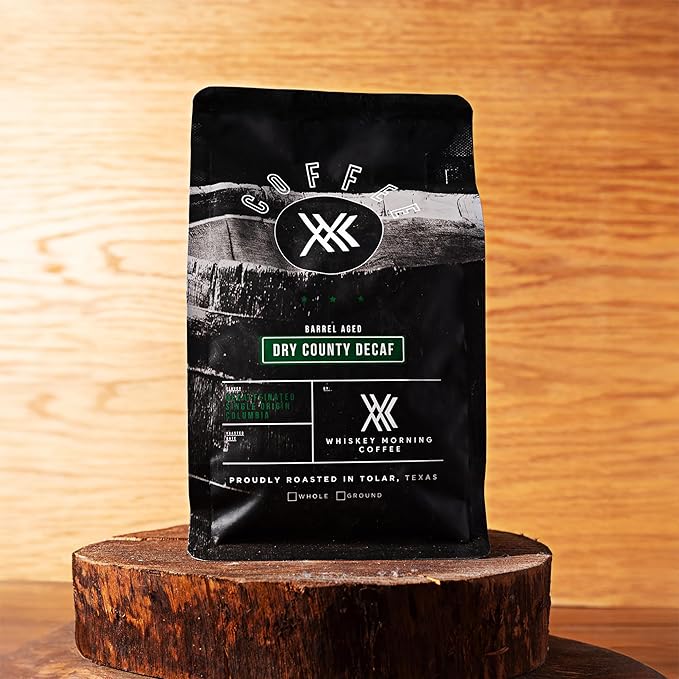 Whiskey Morning Coffee Bourbon Barrel Aged Whiskey Decaf Ground Coffee Medium Roast 100% Arabica Specialty Grade Non-Alcoholic Whiskey Infused Small Batch Texas Roasted 10 oz Bag