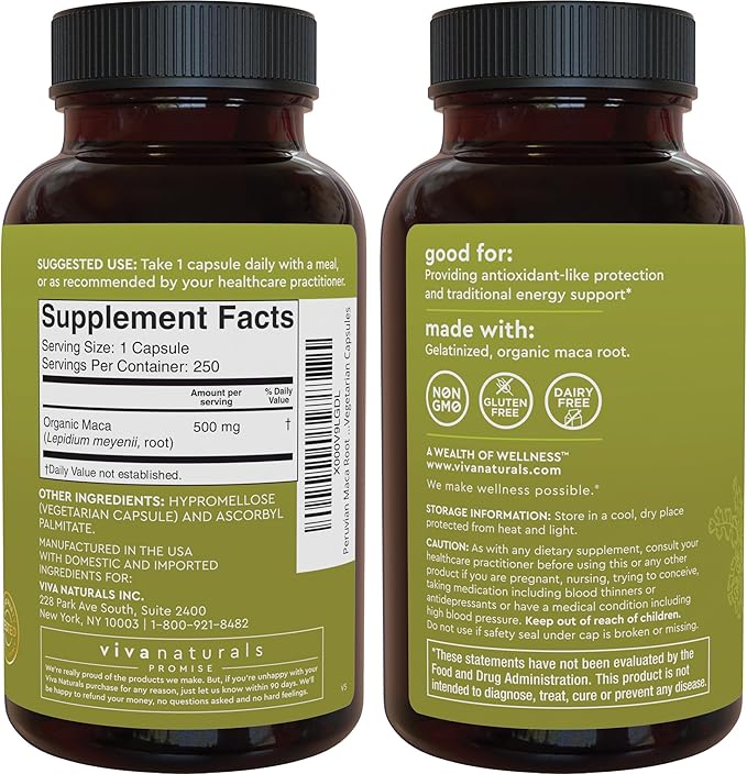 Viva Naturals Peruvian Maca Root Supplement for Women &amp Men 500mg - Traditionally Used for Energy Stamina &amp Endurance - 250 Yellow Maca Root Powder Capsules Gelatinized for Easier Digestion