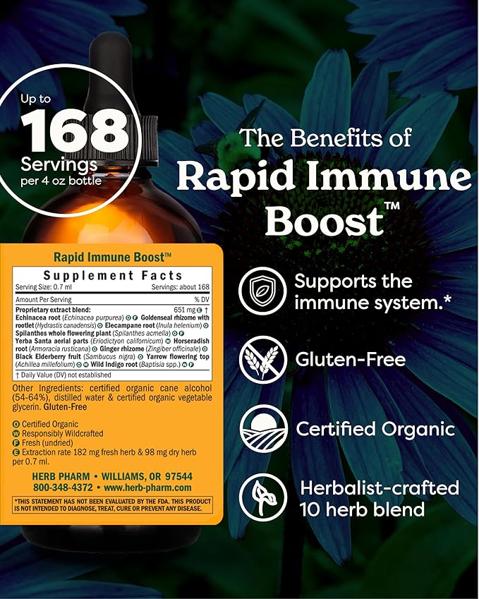 Herb Pharm Organic Rapid Immune Boost: Fast-Absorbing Tincture for Adults Echinacea Tincture with Goldenseal Ginger Extract &amp Elderberry Immune Support Supplement &amp Wellness Aid 4 Oz