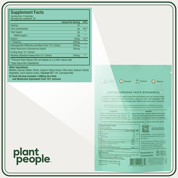 Plant People WonderCalm Mushroom Gummies - Natural Ashwagandha Supplement to Ease Stress &amp Boost Mood for Adults Without Sugar Gluten or Artificial Colors Vegan-Friendly Peach Flavor 60 Count