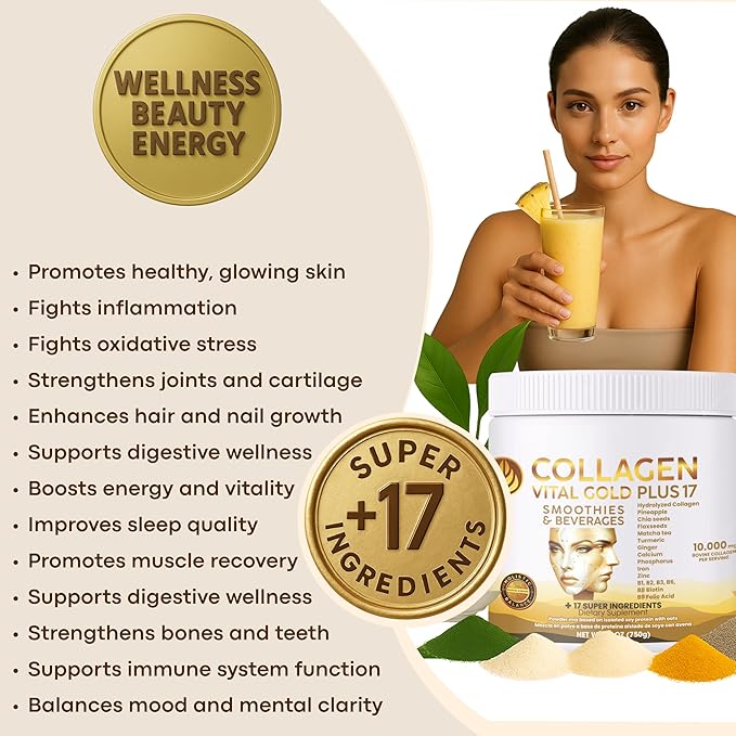 Vital Life Collagen Peptides Powder +17 Super Ingredients 1.6 lb (Pack of 6) Pineapple Flavor Supports Hair Skin Nails Bones Joints &amp Digestive Health Collagen for Women &amp Men.