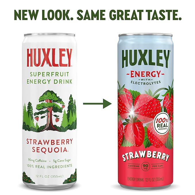 Huxley Superfruit Energy Drink Strawberry 90mg Natural Caffeine Electrolytes for Hydration 100% Real Ingredients 5g Organic Cane Sugar No Artificial Sweeteners or Flavors L-theanine for Sustain