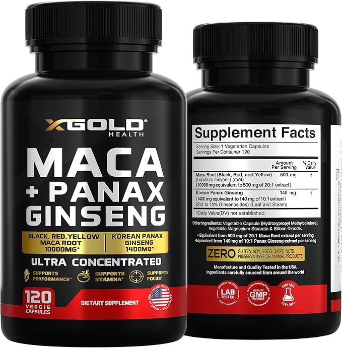 Maca Root Capsules 10000mg + Korean Panax Ginseng 1400mg - 20x Concentrated Extract Black + Red + Yellow Maca Root 10x Concentrated Extract Panax Ginseng Capsules - Ultra Potent &amp Highly Purifi