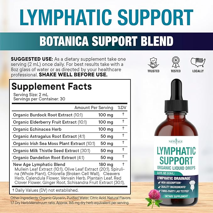Organic Lymphatic Drainage Drops - All in 1 Organic Lymphatic Drainage Supplement with Burdock Root Echinacea Elderberry Calendula Cleavers Herb Dandelion Supports Lymphatic Health - 8 OZ