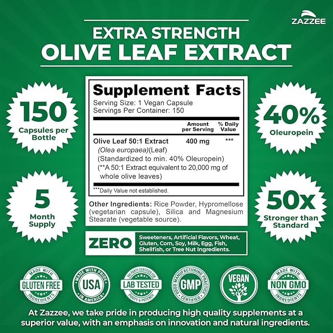 Zazzee Extra Strength Olive Leaf 50:1 Extract 40% Oleuropein 150 Vegan Capsules 5 Month Supply Olea Europaea Mediterranean Source Potent Antioxidant &amp Immune Support Non-GMO Made in the US
