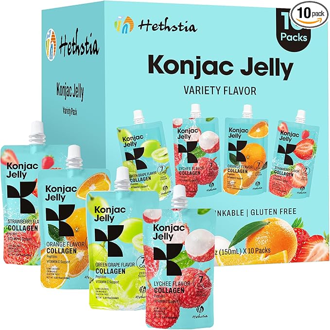 Hethstia Konjac Jelly Collagen Peptides Various Flavors - Lychee Green Grape Strawberry &amp Orange | Low Calorie Sugar-Free Keto Gluten-Free Vitamin C | 10-Pack Portable Healthy Snacks