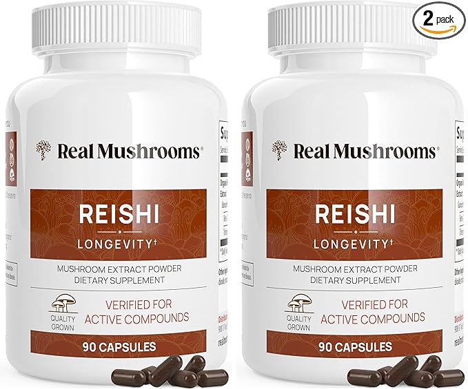 Real Mushrooms Reishi Mushroom Capsules - Handpicked Organic Mushroom Extracts - Red Reishi for Tranquil Daily Wellness with Verified Beta Glucans Vegan Non-GMO No Grain Fillers 90 ct (Pack of 2)