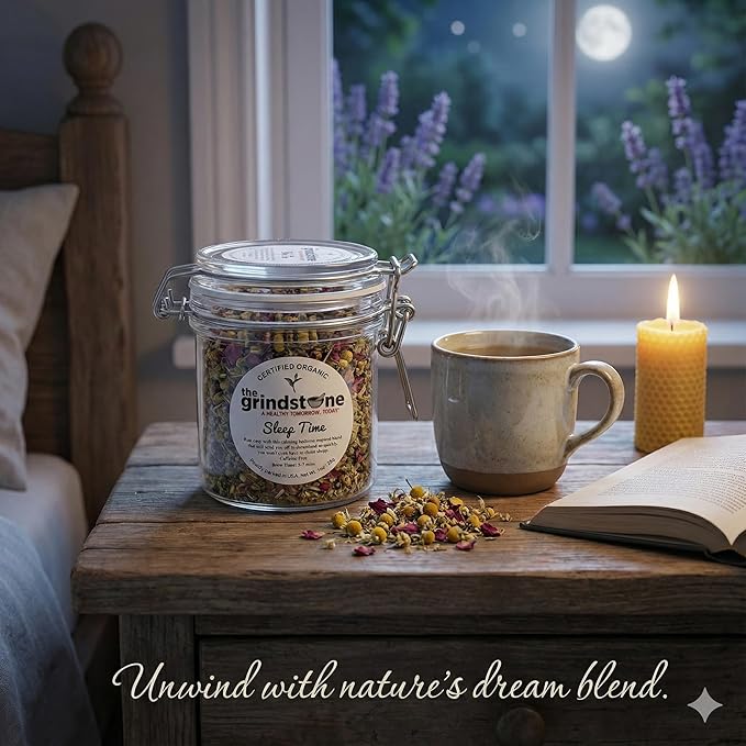 Grindstone Organic Sleep Time Tea – Herbal Infusion with Valerian Root Chamomile &amp Lemon Balm – Loose Leaf Tea in PET Kilner Jar – Relaxing Bedtime Blend – Pack of 2