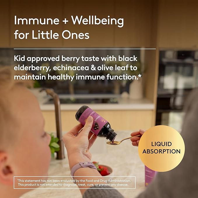 Children's Immune + Wellbeing Herbal Syrup Daily Immunity with Elderberry Echinacea &amp Olive Leaf High Absorption Elderberry Flavor Plant-Based - 5.1 Fl oz (30 Servings)