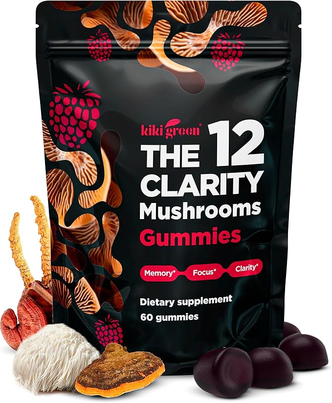 KIKI Green 12 Mushroom Supplement Gummies - Lion's Mane Cordyceps Chaga Reishi Turkey Tail &amp 7 More for Memory Focus Immunity - 60 Mushroom Gummies for Adults with Raspberry Flavor 10:1 Extr