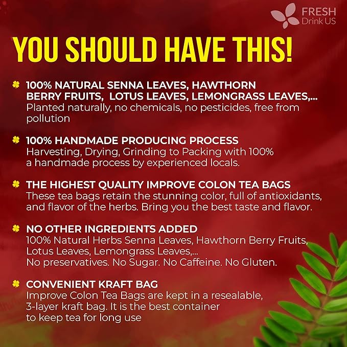 FreshDrinkUS Premium Improve Colon Tea | 135 Tea Bags | Herbal Tea Blend with Senna Leaves Lotus Leaves Hawthorn Berry Ginger &amp More – Caffeine Free Botanical Tea – Natural Daily Herbal Infusi