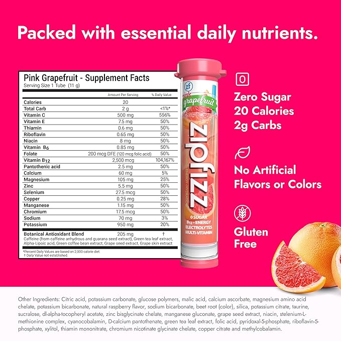 Zipfizz Daily Energy Drink Powder Pink Grapefruit 20 Pack | 3-in-1 Sustained Energy Rapid Hydration and Essential Vitamins | Sugar-Free | Electrolyte Powder | Contains Vitamin B-12 &amp Antioxida