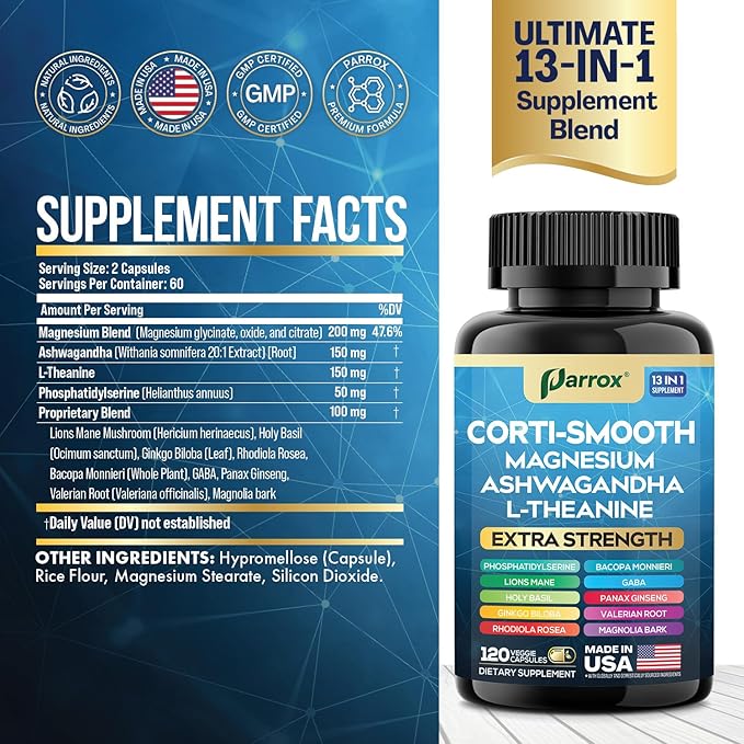 Corti-Smooth Cortisol Supplement Magnesium L-Theanine Ashwagandha Magnolia Bark Panax Ginseng Bacopa Monnieri GABA Lions Mane Ginkgo Biloba Phosphatidylserine Valerian Root (120 Caps)