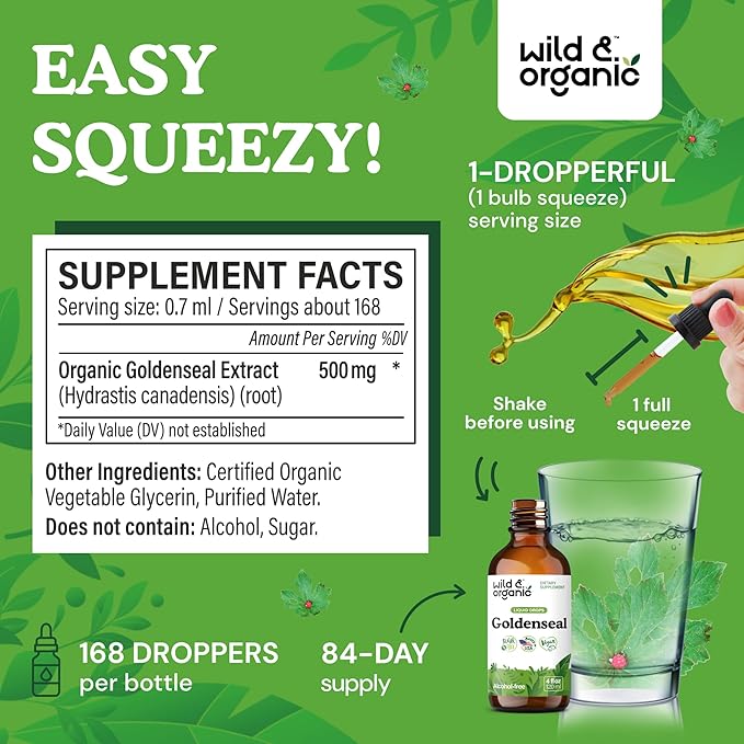 Wild &amp Organic Goldenseal Tincture - Lung &amp Digestive Support - Goldenseal Root Extract Liquid Drops - Vegan Sugar &amp Alcohol-Free Herb Supplement - 4 fl oz