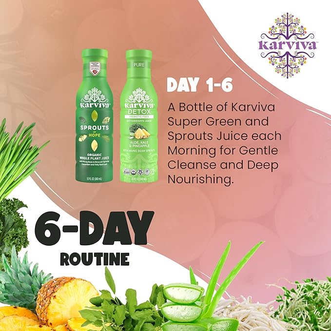 Karviva Organic Juice Cleanse for Liver Detox &amp Hormone Health - Ancient Remedies with Broccoli Sprouts Aloe Vera Kale Kiwi Ginger - Low-Sugar Prebiotic Fiber Antioxidants (6 BPA-Free Toxi