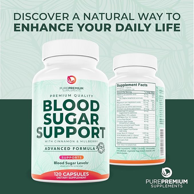PurePremium Normal Blood Sugar Support Supplement - 20 Active Ingredients Complex to Support Blood Sugar Levels Already in The Normal Range - with Cinnamon Bitter Melon Chromium Mulberry - 120ct