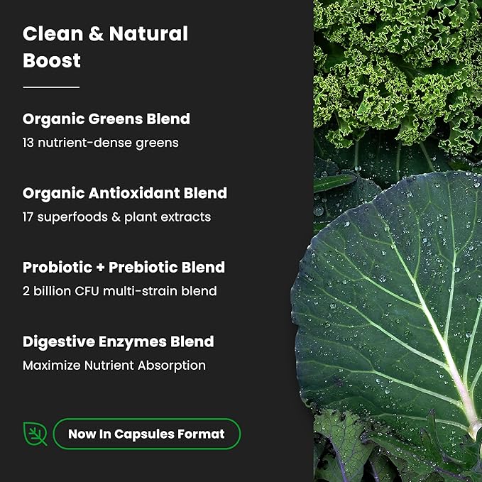 Organic Super Greens Capsules - Daily Fruits and Veggies Supplement - 150 Green &amp Reds Superfood Pills - 40+ Natural Whole Food Fruit &amp Vegetables Prebiotic Fiber &amp Probiotics &amp Diges