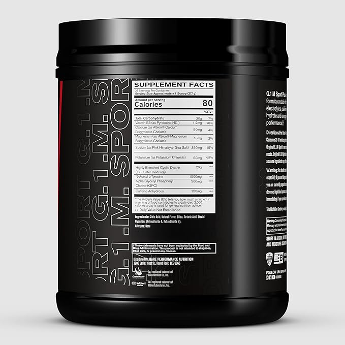BARE PERFORMANCE NUTRITION G.1.M Sport+ Endurance Pre-Workout – Lemon Lime | 25 Servings | 20g Carbs 350mg Sodium 150mg Caffeine | Electrolytes Nootropics &amp Cluster Dextrin® for Energy &amp Fo