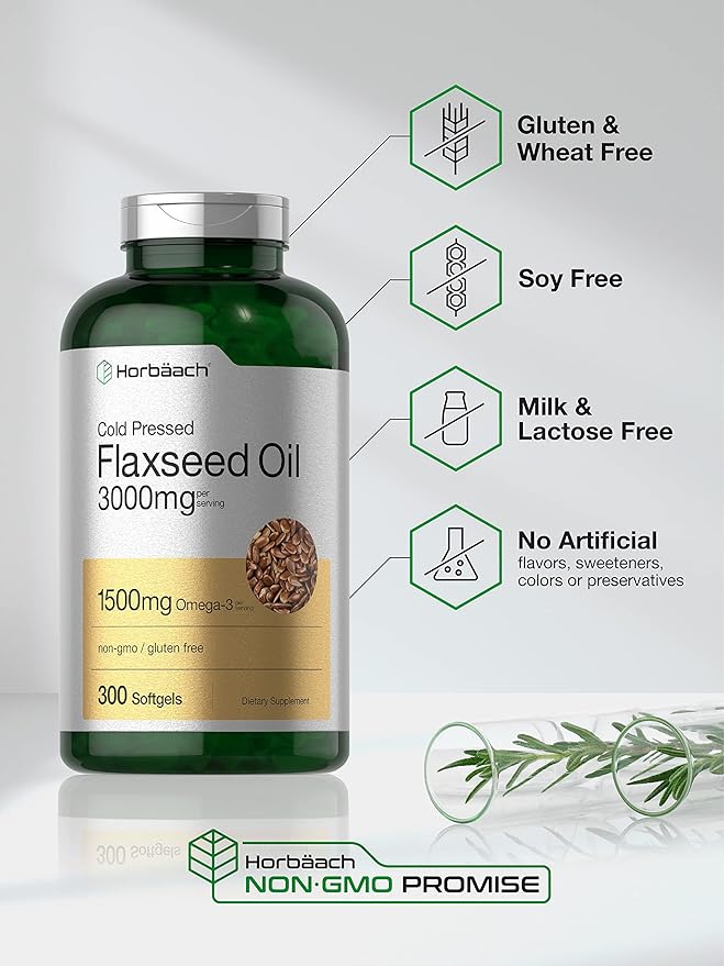 Horbäach Flaxseed Oil Softgel Capsules 3000mg | 300 Count | High Potency | with Omega 3 6 9 | Non-GMO Gluten Free | Cold Pressed Flax Seed