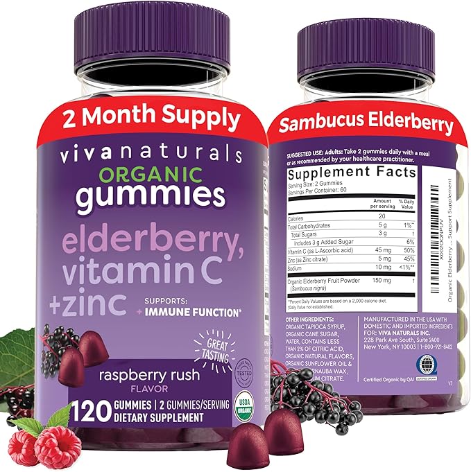 Viva Naturals Organic Sambucus Elderberry Gummies for Adults (120 Count) - 3in1 Black Elderberry Vitamin C and Zinc Immune Support Gummies Chewable Elderberry Supplements Zinc Immunity Gummies