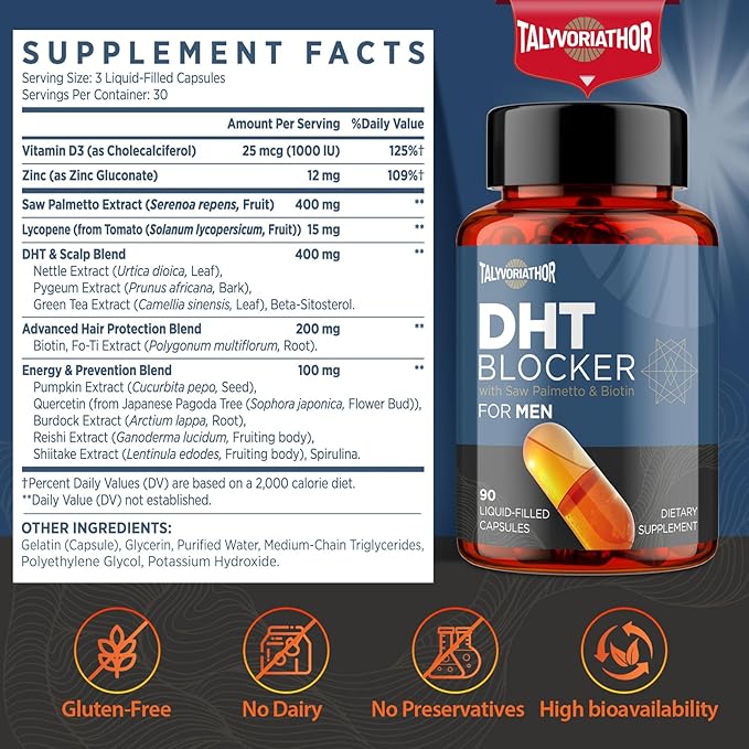 DHT Blocker for Men with Saw Palmetto &amp Biotin Hair Growth Formula in Liquid-Filled Capsules Hair Loss Supplements Hair Regrowth Vitamins Proprietary Herbal Blends - 90 Capsules