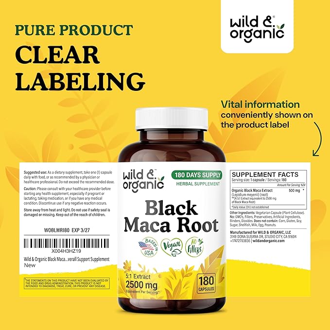 Wild &amp Organic Black Maca Root Capsules for Men &amp Women 500 mg - Overall Support for Men &amp Women - Vegan Maca Powder Supplement - 180 Days Supply - Non-GMO No Fillers Gluten-Free - 180 C