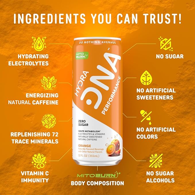 HYDRADNA- Clean Performance Drink Zero Sugar | For Natural Fuel Alertness Boost Stamina120 mg Organic Caffeine Natural Flavors Zero Sucralose Clean Ingredients (12 Pack) (12 Pack Orange)