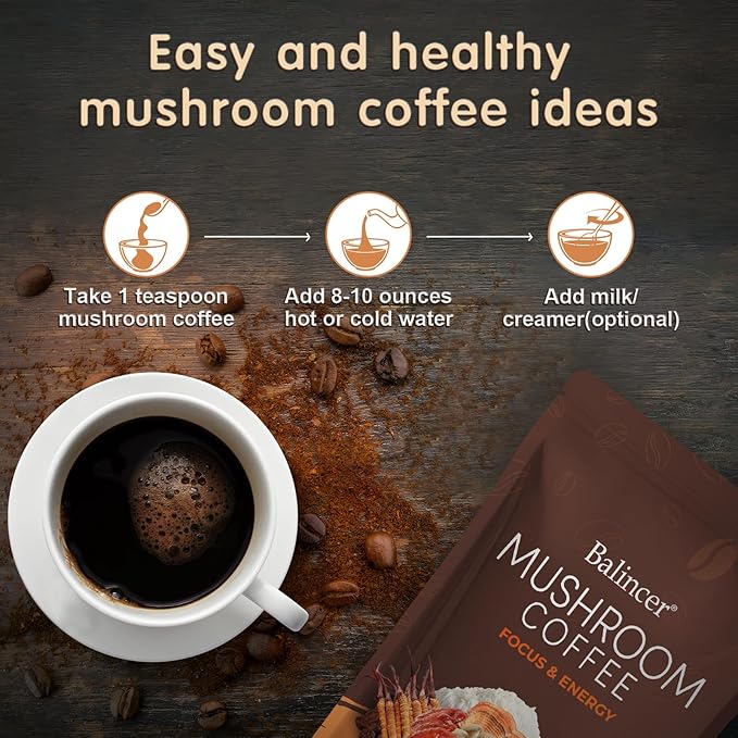 Mushroom Coffee 6 Adaptogenic Mushrooms with Lion's Mane Cordyceps Turkey Tail &amp More Instant Mushroom Coffee for Focus Energy Immune &amp Digestion Support