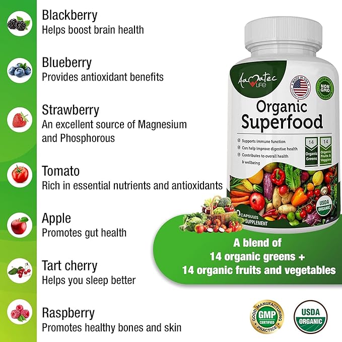 Organic Superfood Greens Fruits and Veggies Complex - Best Dietary Supplement with 14 Greens and 14 Fruits &amp Vegetables with Alfalfa &amp Antioxidant Organic Ingredients Non-GMO 240 Capsules