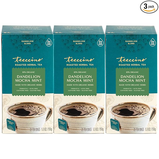Teeccino Dandelion Mocha Mint Tea - 25 Tea Bags - Caffeine Free Roasted Herbal Tea with Prebiotics 3x More Herbs than Regular Tea Bags Gluten Free (Pack of 3)