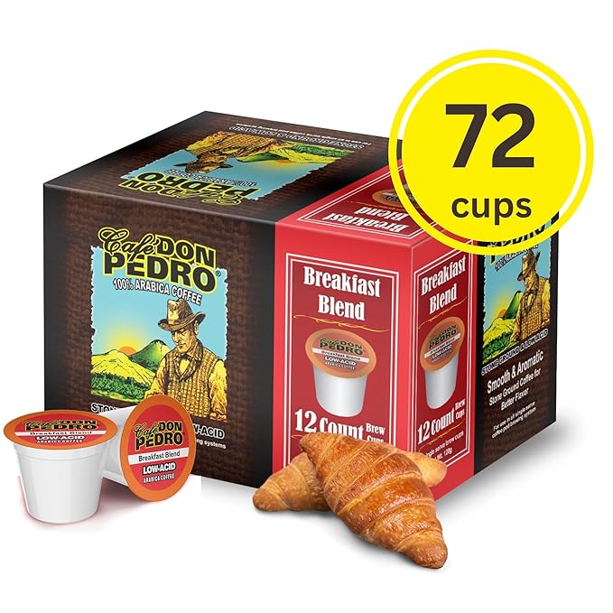 Cafe Don Pedro Breakfast Blend Low Acid Coffee Pods for Keurig K-cup -72 K Cups - Medium Roast Naturally Low AcdC Coffee K Cups -100% Arabica Stone Ground Smooth and Bold Flavor