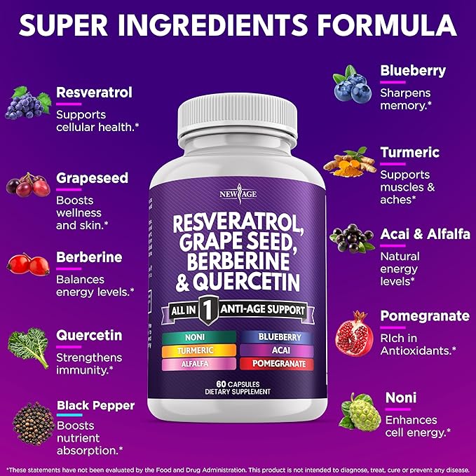 NEW AGE Resveratrol Berberine Grape Seed Extract Quercetin - Polyphenol Supplement for Women and Men with Noni N-Acetyl Cysteine Acai - 60 Capsules
