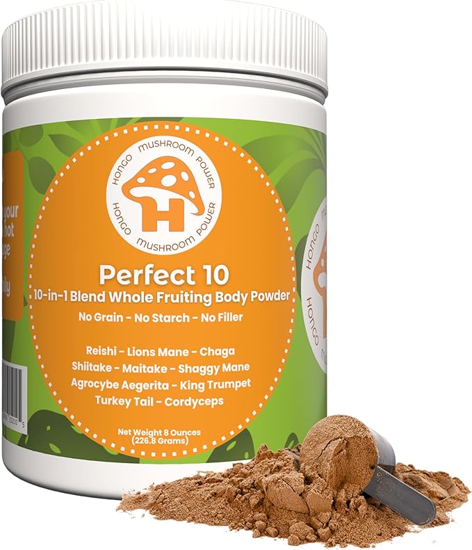 Hongo Mushroom Power - Perfect 10 Mushroom Complex Powder - Lions Mane Reishi Cordyceps Chaga Turkey Tail Maitake Supplements - for Immunity Energy Memory &amp Focus - (8 Ounce Jar)